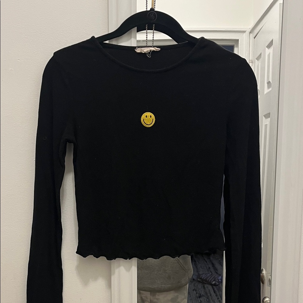 Black Long Sleeve Top with Smiley Patch